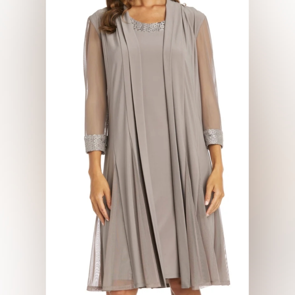 R & M Richards Shift Dress with Embellished Neckline & Sheer Jacket Size 6 Taupe